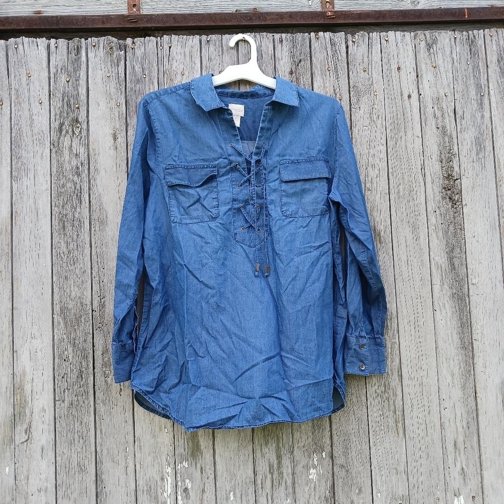 Chico’s Womens Lace Up Denim Popover‎ Sz 2 (Large) Chambray Long Sleeve Blue
